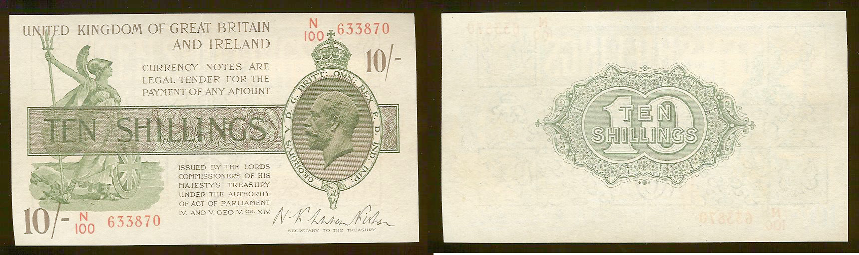 English 10 shillings 1919 Unc